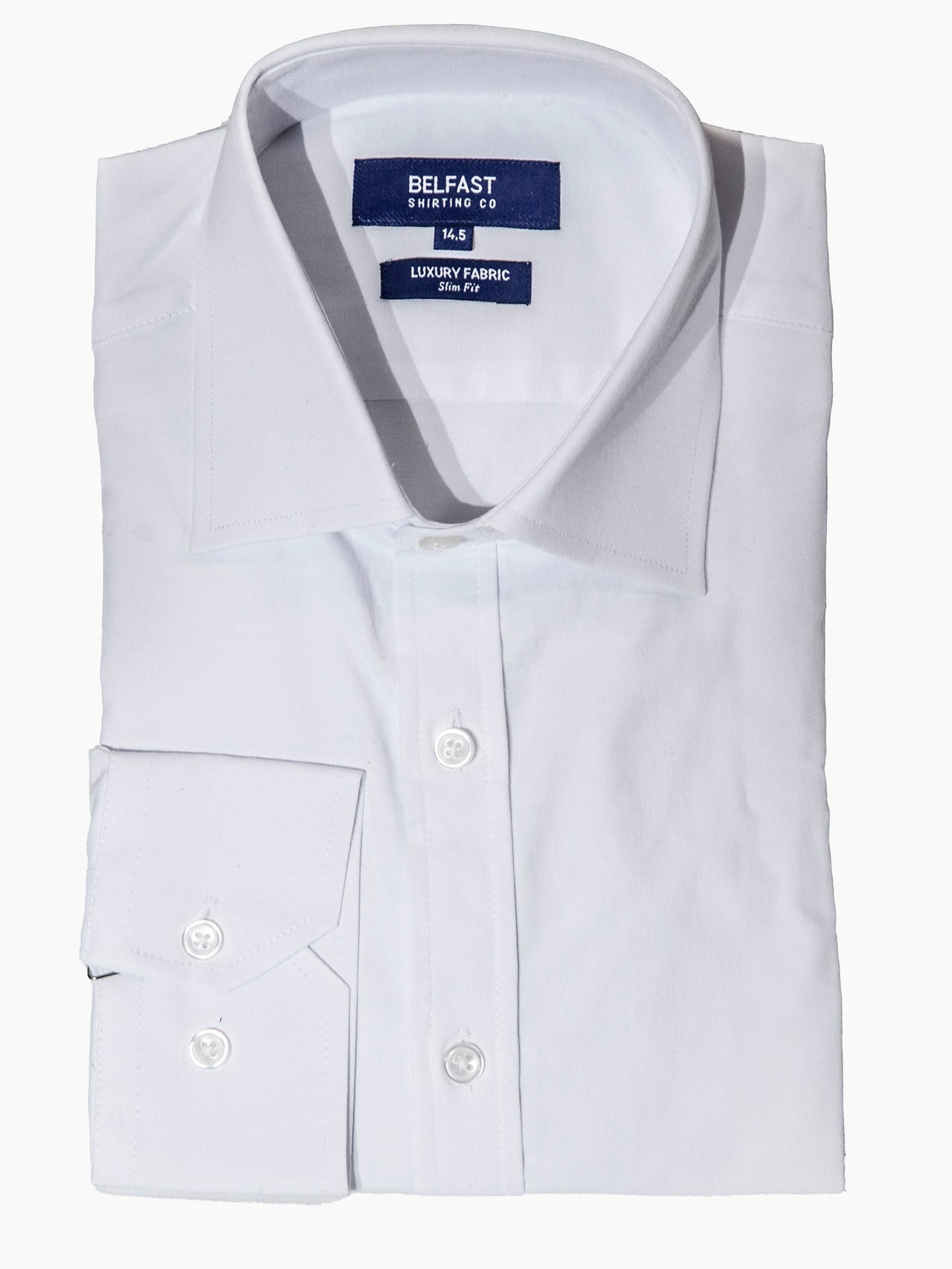 Belfast Camisa de vestir con cuello extendido elástico de algodón blanco sólido de ajuste clásico para hombre