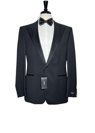 Hugo Boss Mens Solid Black Satin Peak Lapel Classic Fit 1-Button Wool Tuxedo - 42S