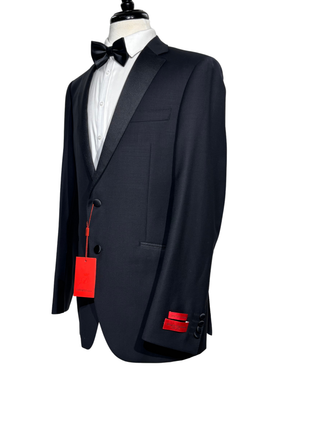 Napoli Mens Solid Black Notch Lapel Classic Fit 2-Button Wool Cashmere Tuxedo with Ticket Pocket - 42R