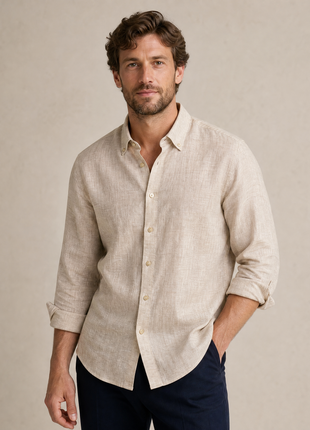 Mens Tan Modern Fit Spread Collar 100% Linen Dress Shirt