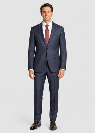 Hugo Boss Super 120s Navy Blue Plaid Windowpane Slim Fit Notch Lapels Wool 2-Button Suit - 44R
