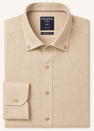 Mens Tan Modern Fit Spread Collar 100% Linen Dress Shirt