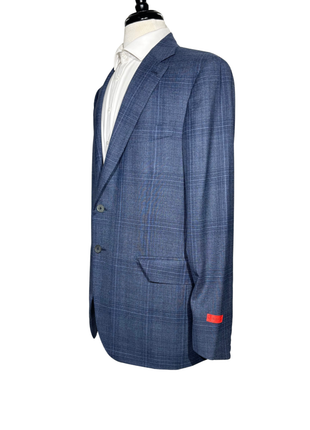 Isaia Mens Blue Plaid Fully-Canvassed Notch Lapel Classic Fit 2-Button Wool Suit - 44L
