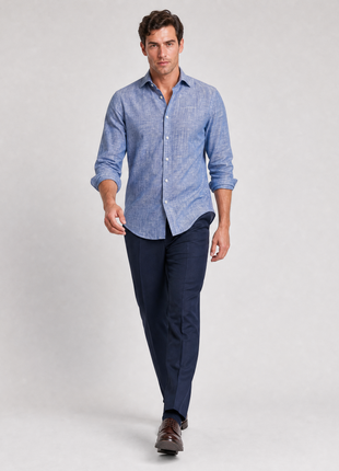Proper Mens Blue Contemporary Fit Spread Collar 100% Linen Dress Shirt