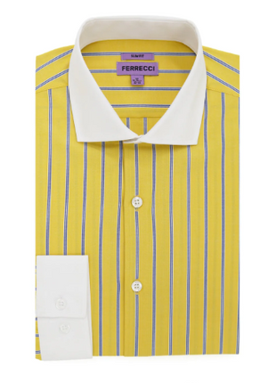 Ferrecci Yellow Striped Slim Fit Spread Collar Cotton Dress Shirt - The Suit Depot