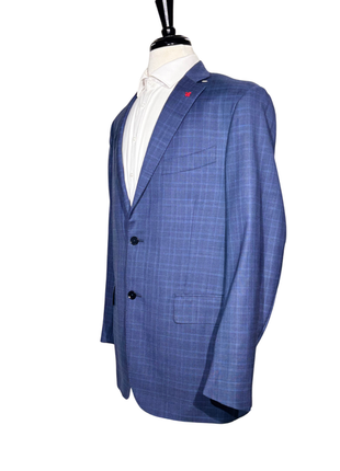 Isaia Mens Blue Windowpane Fully-Canvassed Notch Lapel Slim Fit 2-Button Wool Suit - 44L