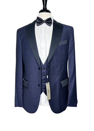 Corneliani CC Collection Navy Micro Check Satin Lapel Slim Fit 3-Piece Wool Tuxedo 42R