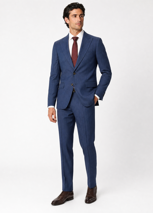 Mazara Mens Blue Pinstriped Slim Fit Peak Lapel Wool Blend 2-Button Suit