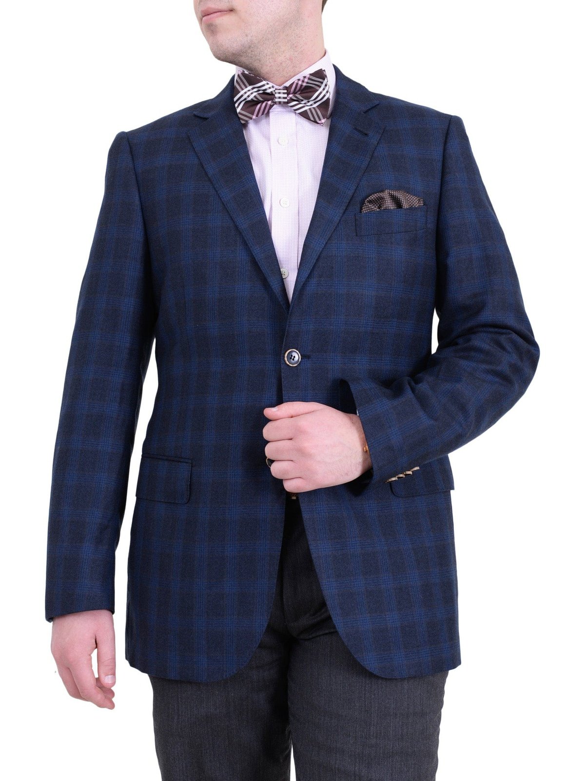 Zanetti BLAZERS Zanetti Regular Fit Navy Blue Plaid Two Button Wool Blazer Sportcoat