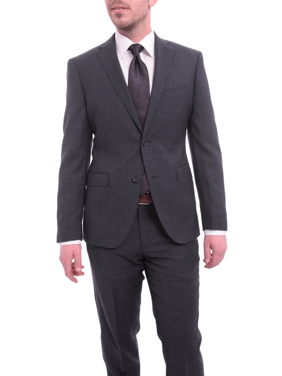 Zanetti Sale Suits Zanetti Slim Fit Navy With Subtle Purple Plaid Two Button Wool Suit
