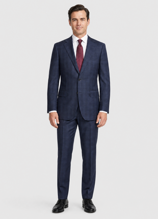 Sartoria Mazara Mens Navy Blue Plaid Slim Fit Wool Blend 2-Button Suit