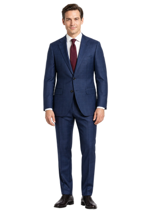 Sartoria Mazara Blue Plaid Windowpane Classic Fit Notch Lapel Wool blend 2 buttonSuit