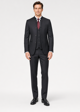 Corneliani Collection Mens Black Textured No-Lapel Slim Fit 3-Piece Wool Suit - 44R