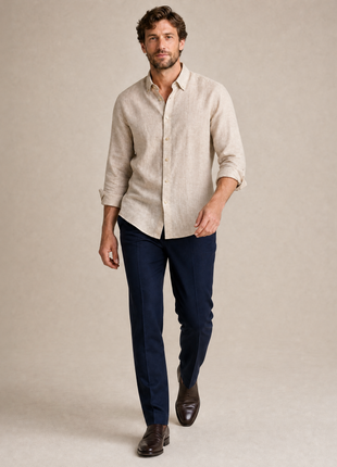 Mens Tan Modern Fit Spread Collar 100% Linen Dress Shirt