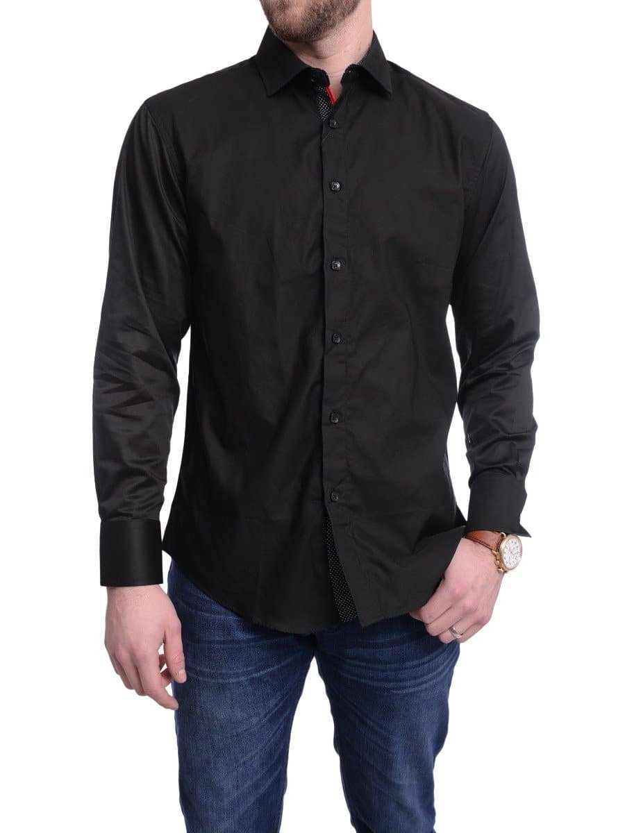 Bespoke Trim Fit Solid Black Spread Collar Cotton Casual Dress Shirt, M