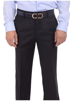 Mens Napoli Extra Slim Fit Solid Black Flat Front Wool Cashmere Dress Pants - The Suit Depot