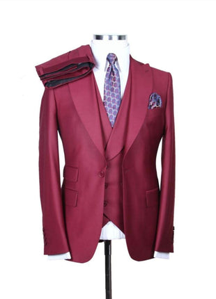 Alberto Nardoni SUITS Alberto Nardoni Mens Solid Burgundy 100% Wool 1 Button 3 Piece Regular Fit Suit