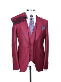 Thumbnail for Alberto Nardoni SUITS Alberto Nardoni Mens Solid Burgundy 100% Wool 1 Button 3 Piece Regular Fit Suit