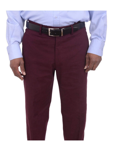 Aldo Valentini Slim Fit Solid Burgundy Stretch Cotton Casual Pants Made In Italy, 38