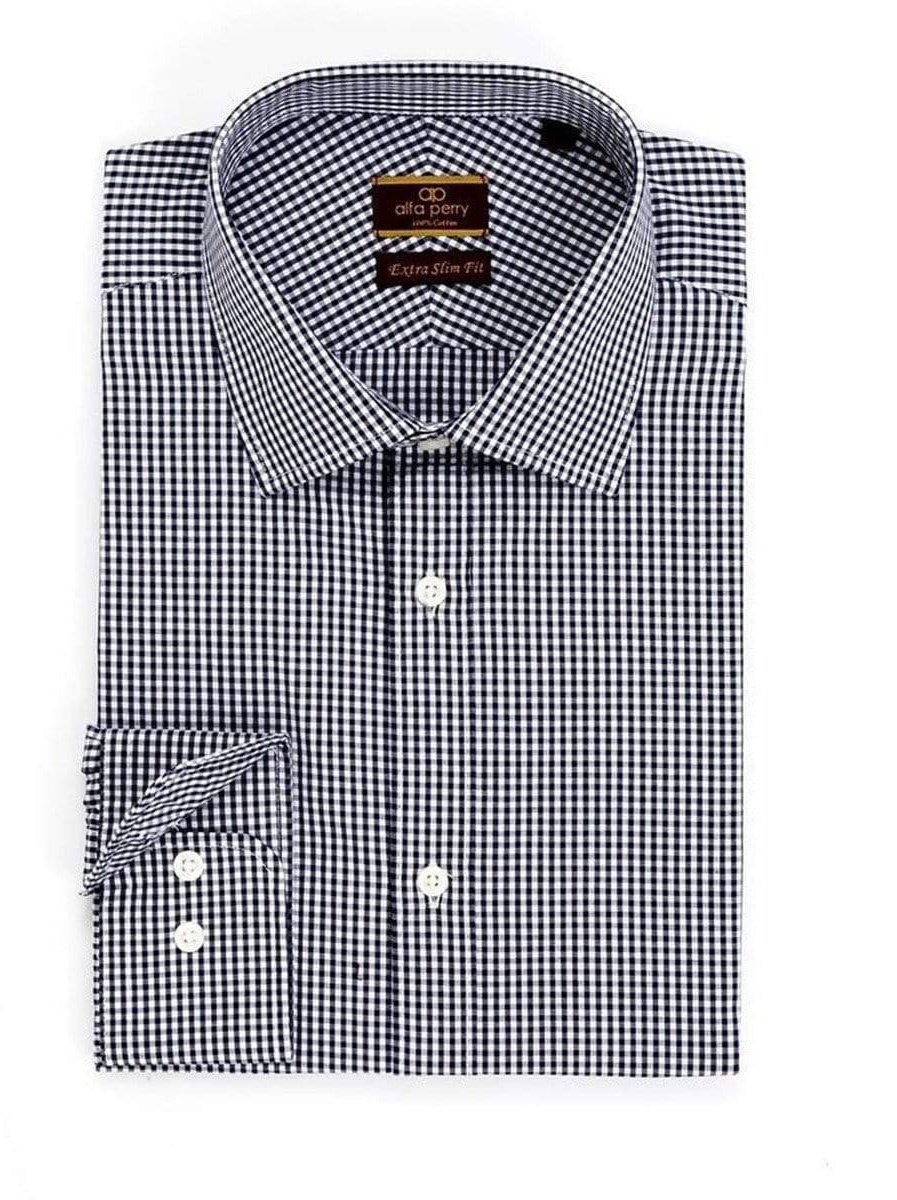 Alpha Perry Sale Shirts 14 1/2 34/35 Alfa Perry Extra Slim Fit Black Gingham Check Spread Collar Cotton Dress Shirt