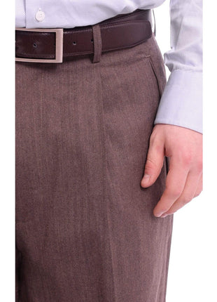 Apollo King PANTS Apollo King Classic Fit Brown Herringbone Pleated Wide Leg Wool Dress Pants
