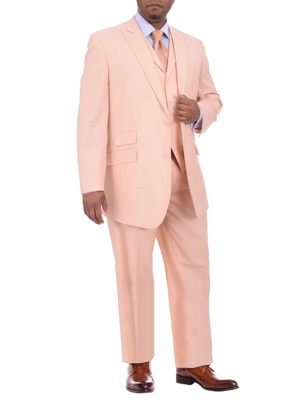 Apollo King Mens Solid Peach Three Piece Wool Suit With Peak Lapels | The  Suit Depot