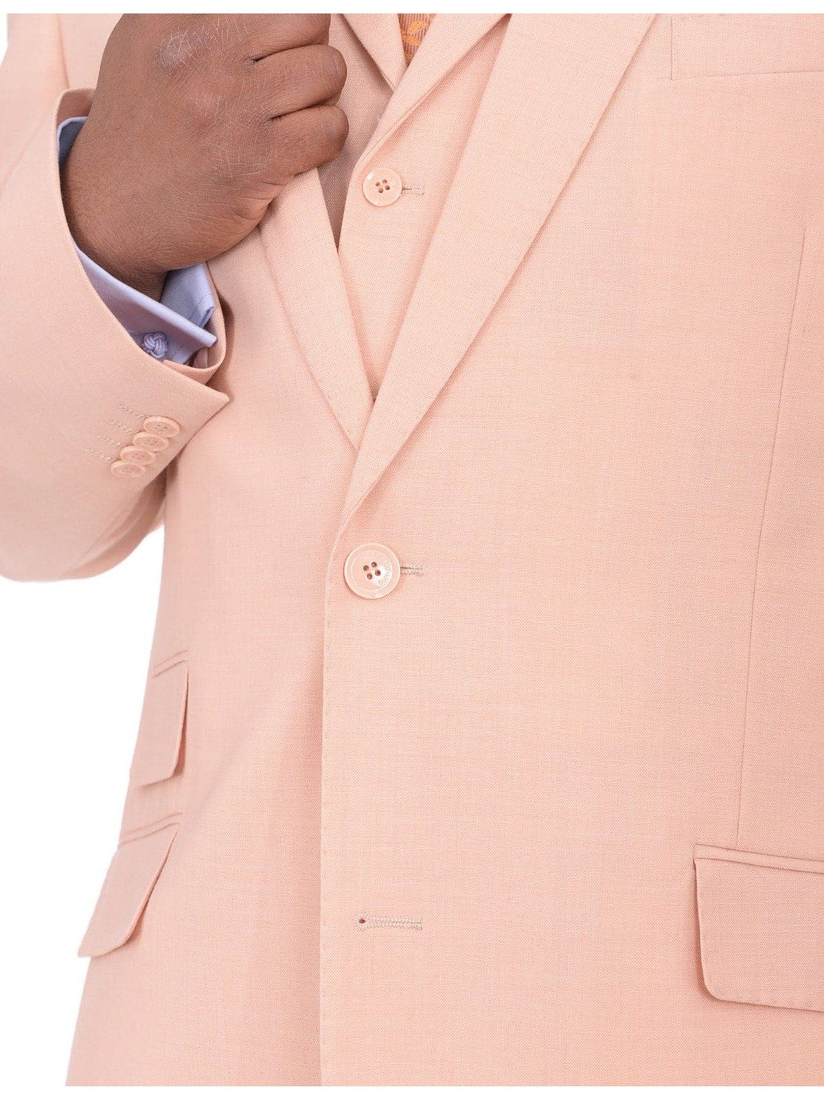 Apollo King THREE PIECE SUITS Apollo King Mens Solid Peach Three Piece Wool Suit With Peak Lapels
