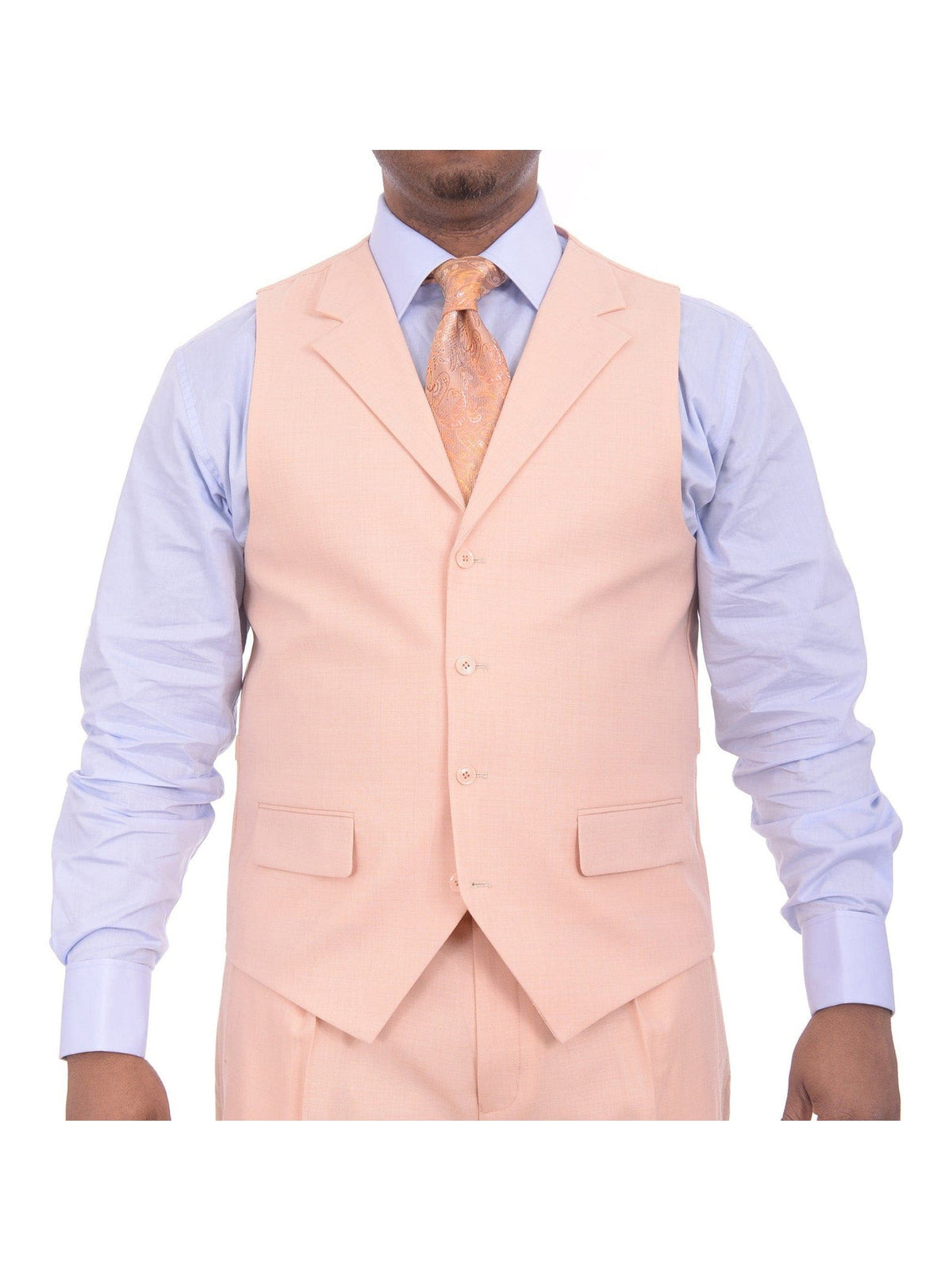 Apollo King THREE PIECE SUITS Apollo King Mens Solid Peach Three Piece Wool Suit With Peak Lapels