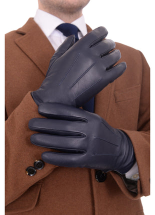 Ariston Ariston Mens Solid Navy Blue Touch Screen Leather Gloves