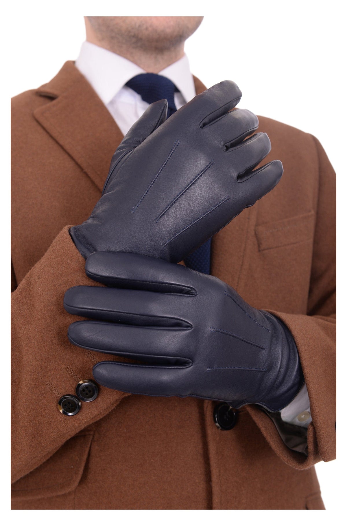 Ariston Ariston Mens Solid Navy Blue Touch Screen Leather Gloves