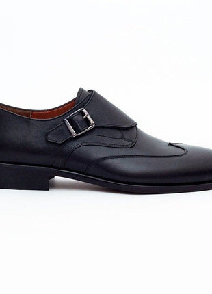 Ariston SHOES Ariston Mens Solid Black Single Monk Strap Leather Dress Shoes