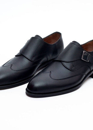 Ariston SHOES Ariston Mens Solid Black Single Monk Strap Leather Dress Shoes