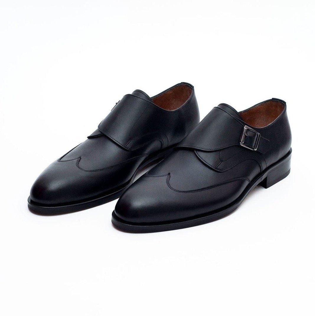 Ariston SHOES Ariston Mens Solid Black Single Monk Strap Leather Dress Shoes