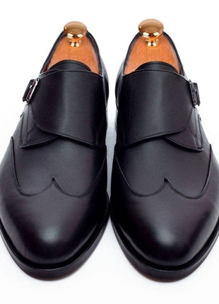 Ariston SHOES Ariston Mens Solid Black Single Monk Strap Leather Dress Shoes