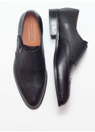 Ariston SHOES Ariston Mens Solid Black Single Monk Strap Leather Dress Shoes