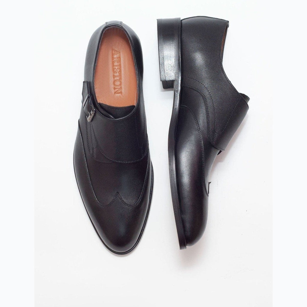 Ariston SHOES Ariston Mens Solid Black Single Monk Strap Leather Dress Shoes