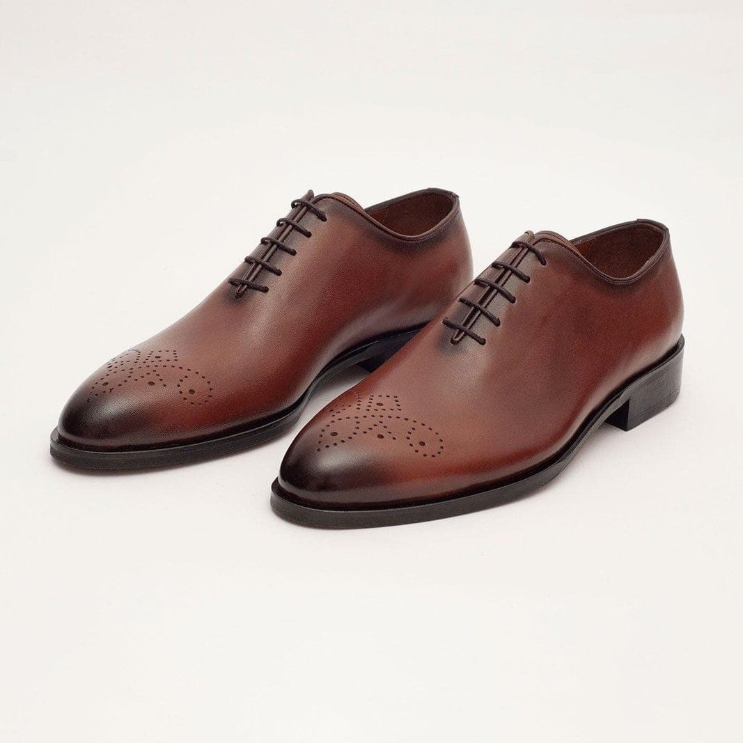 Ariston SHOES Ariston Mens Solid Cognac Whole Cut Oxford Leather Dress Shoes