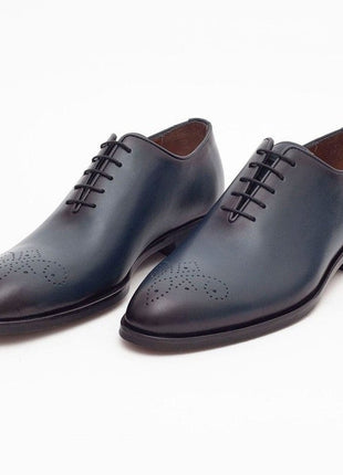 Ariston SHOES Ariston Mens Solid Navy Whole Cut Oxford Leather Dress Shoes