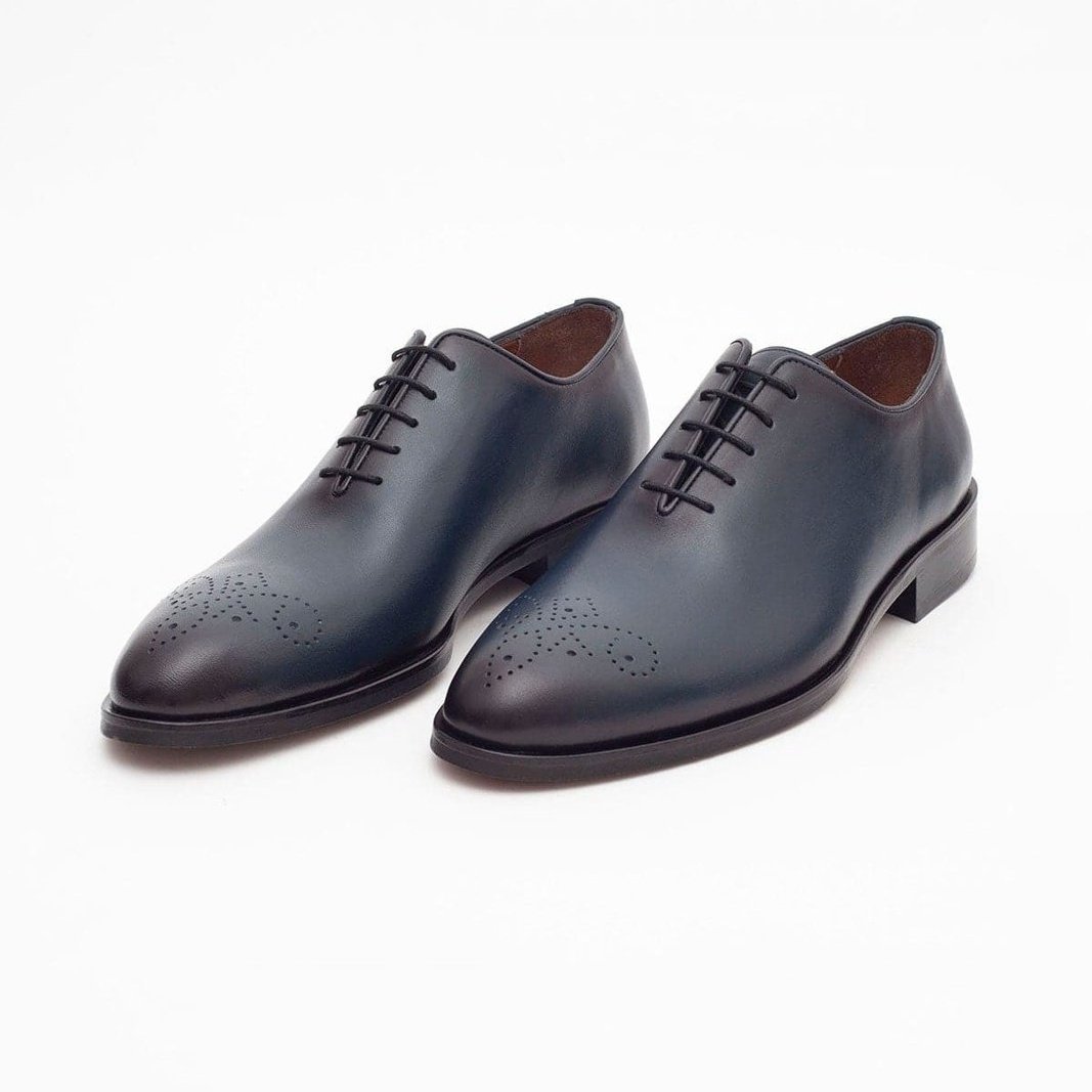Ariston SHOES Ariston Mens Solid Navy Whole Cut Oxford Leather Dress Shoes