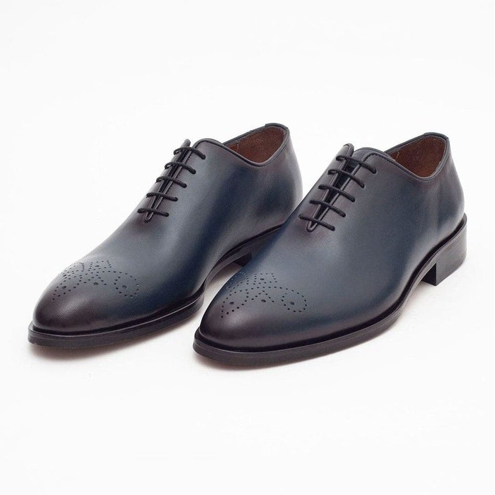 Ariston SHOES Ariston Mens Solid Navy Whole Cut Oxford Leather Dress Shoes