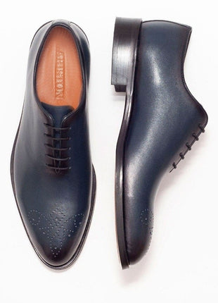Ariston SHOES Ariston Mens Solid Navy Whole Cut Oxford Leather Dress Shoes