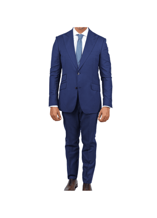 dark blue gabardine suit with peak lapels