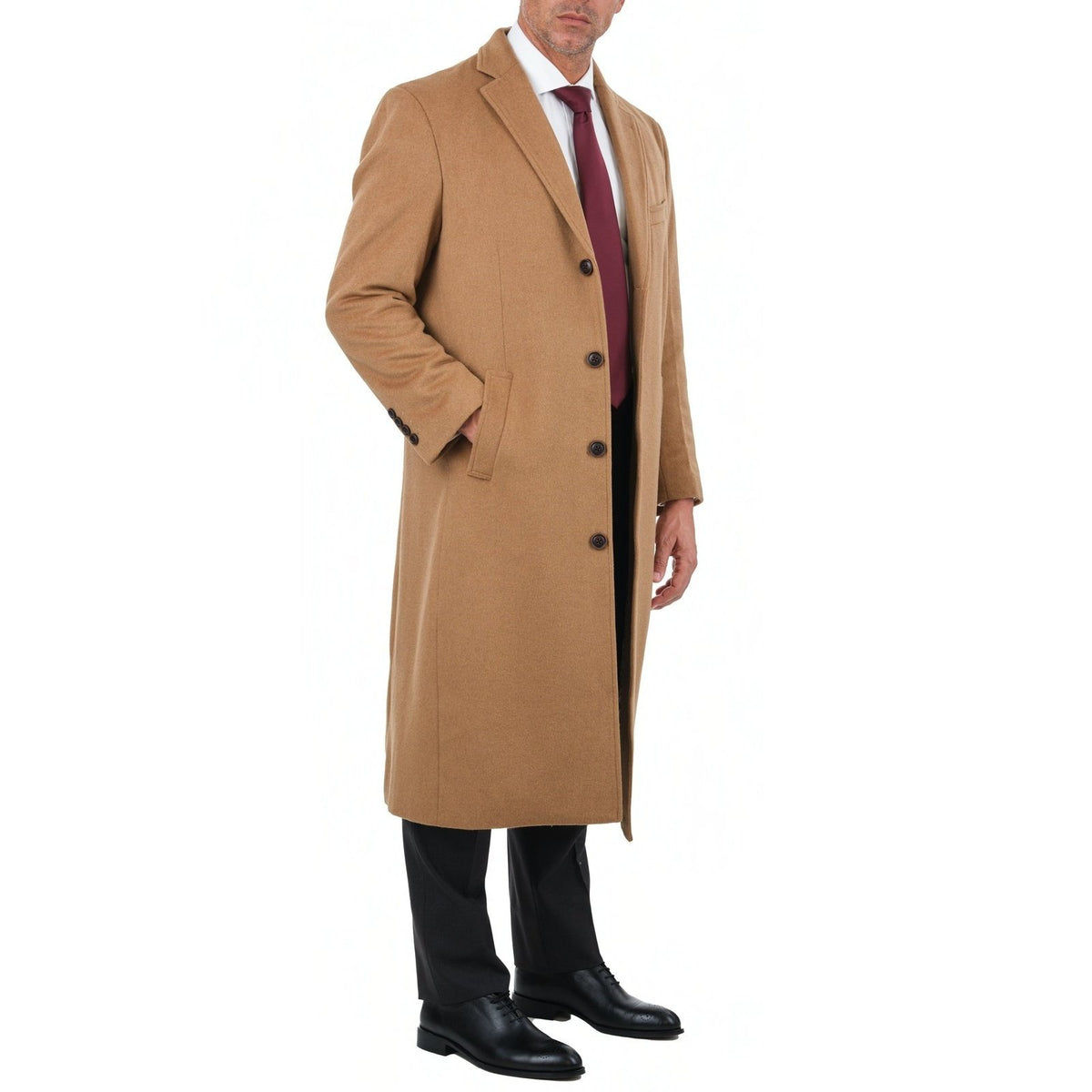Arthur Black Mens Regular Fit Solid Camel Tan Full Length Wool Cashmere Overcoat Top Coat | 72R