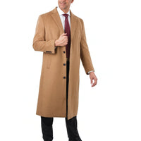 Thumbnail for Arthur Black OUTERWEAR Mens Regular Fit Solid Camel Tan Full Length Wool Cashmere Overcoat Top Coat