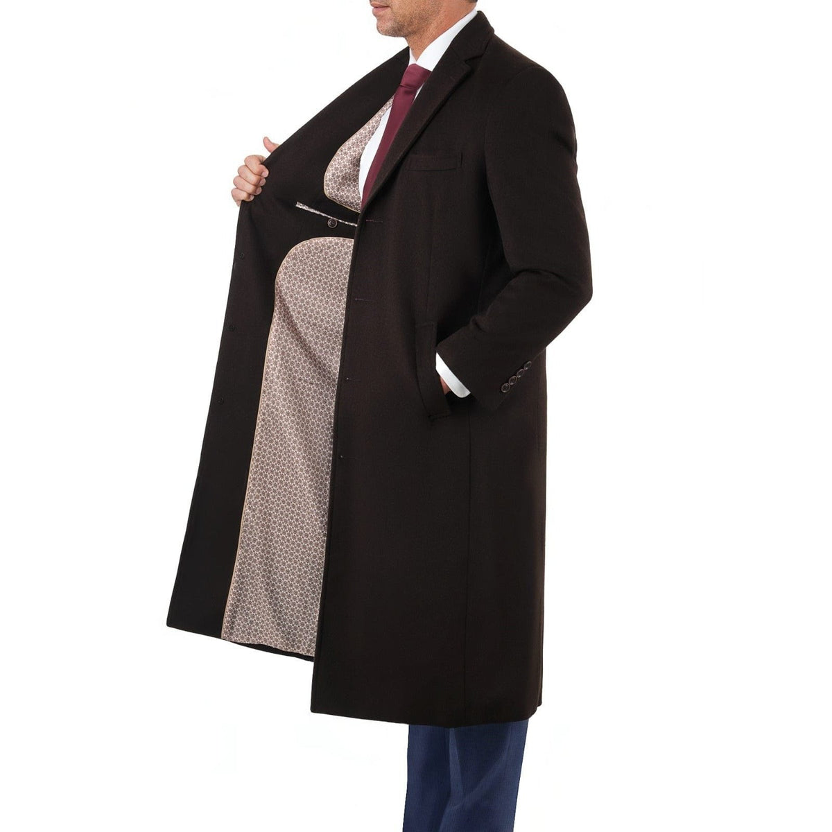 Arthur Black OUTERWEAR Mens Regular Fit Solid Dark Brown Full Length Wool Cashmere Overcoat Top Coat