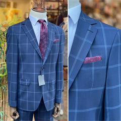 Arthur Black SUITS Arthur Black Mens Blue Check Slim Fit 100% VBC Wool Prehemmed Suit