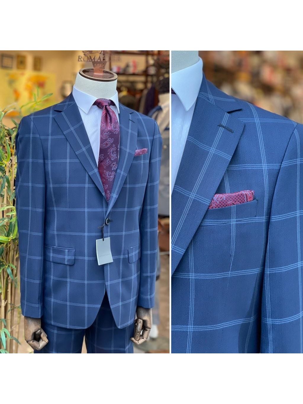 Arthur Black SUITS Arthur Black Mens Blue Check Slim Fit 100% VBC Wool Prehemmed Suit
