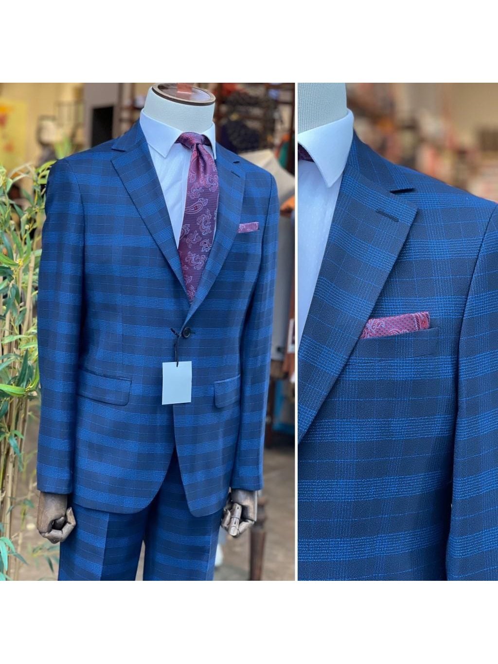 Arthur Black SUITS Arthur Black Mens Blue Plaid Slim Fit 100% VBC Wool Prehemmed Suit