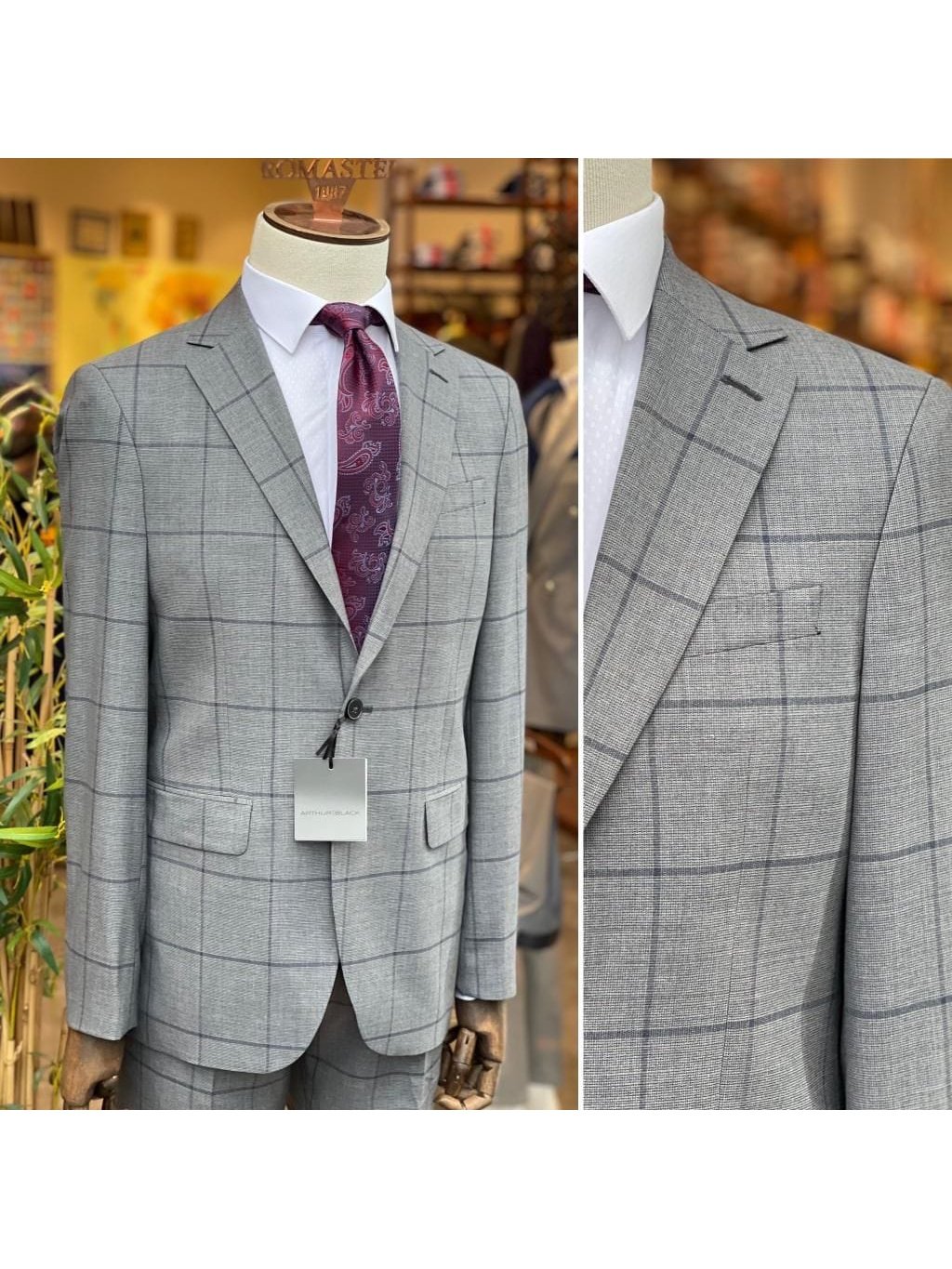 Arthur Black SUITS Arthur Black Mens Gray Windowpane Check Slim Fit 100% VBC Wool Prehemmed Suit