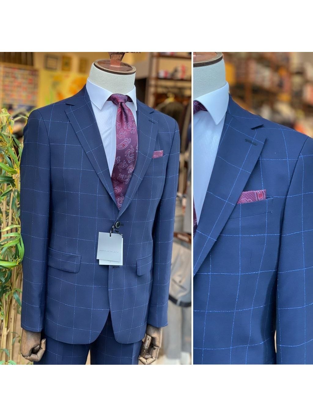 Arthur Black SUITS Arthur Black Mens Navy Blue Check Slim Fit 100% VBC Wool Prehemmed Suit